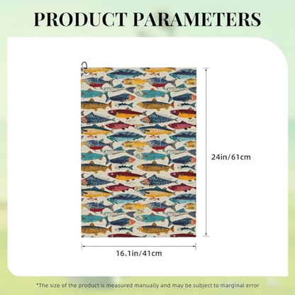 Vibrant Multicolor Fish Print Golf Towel, Microfiber Golf Towels for Bags with Carabiner Clip 16 x 24 inches, Men Womens Golfs Accessories
