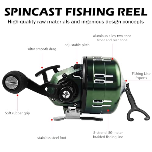 Spincast Fishing Reel, All-Metal Gears, Easy to Use Push Button Casting Design, Changeable Right/Left-Hand Retrieve - color: Green