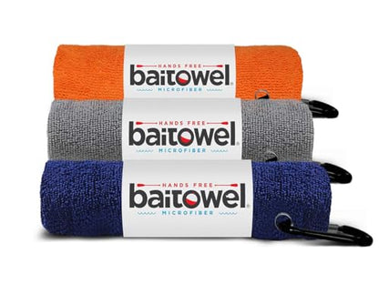Bait Towel 3 Pack Fishing Towels with Clip, Plush Microfiber nap Fabric, 16x16, The Original Bait Towel Value 3 Pack - color: Orange-silver-nay