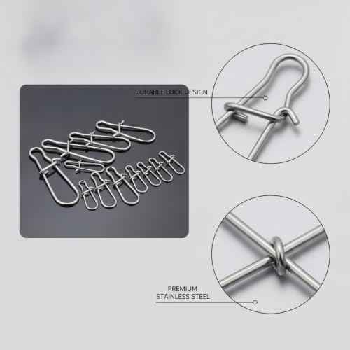 100-Pack Fishing Snap Connectors, Stainless Steel Lure Snaps for Quick Tackle Swapping, Assorted Sizes Saltwater and Freshwater Terminal Tackle Accessories - size: 3.94 x 3.15 x 0.98"