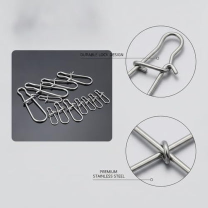 100-Pack Fishing Snap Connectors, Stainless Steel Lure Snaps for Quick Tackle Swapping, Assorted Sizes Saltwater and Freshwater Terminal Tackle Accessories - size: 3.94 x 3.15 x 0.98"