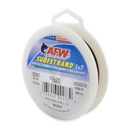 American Fishing Wire Surfstrand Bare 1x7 Stainless Steel Leader Wire - Fishing Leader Line for Saltwater, 20lb Test - 325lb Test in Bright, Camo in 30ft, 300ft, 600ft and 1,000ft Lengths - color: Camo, size: 30 lb / 1000 ft