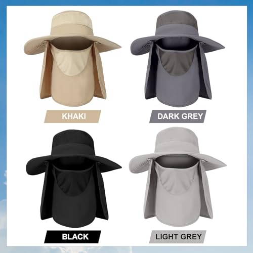 4 Pack Sun Hats for Men Women UPF 50+ Wide Brim Fishing Bucket Hat Summer Outdoor UV Protection Adjustable Neck Flap - color: Light Gray, Gray, Black, Khaki