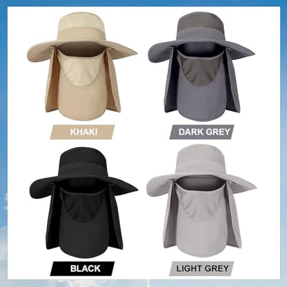 4 Pack Sun Hats for Men Women UPF 50+ Wide Brim Fishing Bucket Hat Summer Outdoor UV Protection Adjustable Neck Flap - color: Light Gray, Gray, Black, Khaki