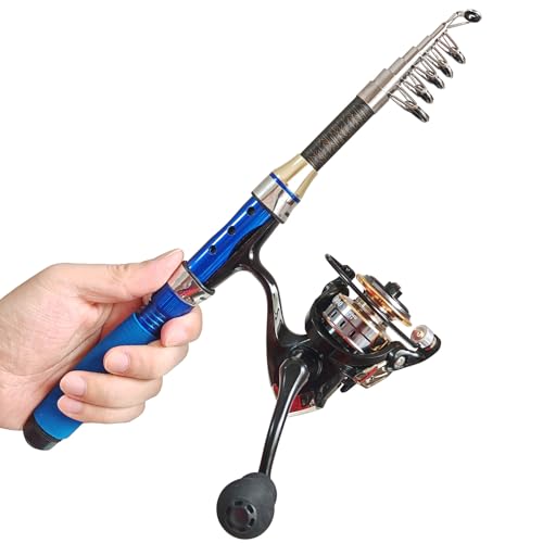Portable Compact Small Fishing Rod and Reel Combos, 4.9Ft Telescopic Fishing Pole and Metal Spool Reel with Line, Hook, Lure, Bag for All Season Travel Fishing, for Teens & Beginners - color: Blue- Fishing Rod and Reel