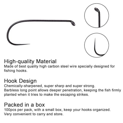 Eupheng Fly Fishing Hooks 100pc Pack Barbless Catch & Release Dry Wet Nymph Shrimp&Pupa, Streamer, Caddis, Jig, Scud Flies Fishing Hooks - color: EP Fly-C&R-WET-0011, size: #14