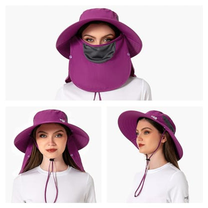 BASSDASH UPF 50+ Breathable Sun Hat with Removable Face Cover and Neck Flap Wide Brim Bucket Hat for Fishing Hiking Men Women - color: Purple Orchid