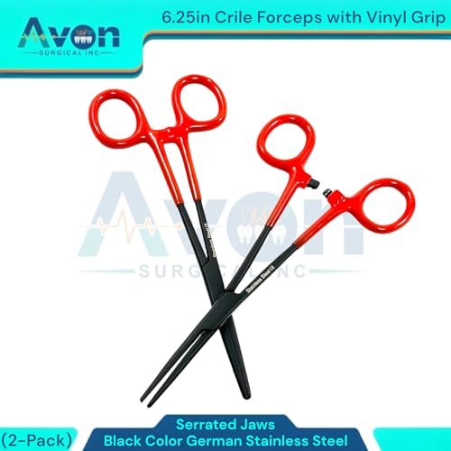 Set of 2pcs Crile Hemostat Forceps 6.25in Black Stainless Steel, Red Vinyl Grip | Multi-Purpose Locking Pliers for Lab, Crafts, Fishing