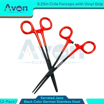 Set of 2pcs Crile Hemostat Forceps 6.25in Black Stainless Steel, Red Vinyl Grip | Multi-Purpose Locking Pliers for Lab, Crafts, Fishing
