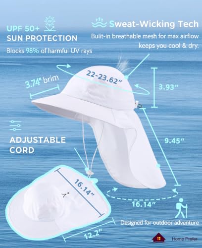 Home Prefer UPF 50+ Sun Hats for Men Women Wide Brim Fishing Hat with Neck Flap UV Protection Sunblock Safari Bucket Hat - color: White