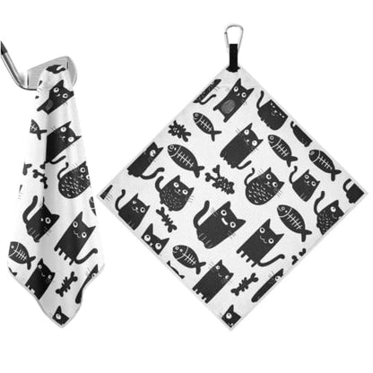 Black Cat Fish White Pattern Magnetic Golf Towel for Golf Bags Microfiber Golf Essentials for Men Women with Carabiner Clip Attaches to Carts and Clubs, 17.7"x17.7"