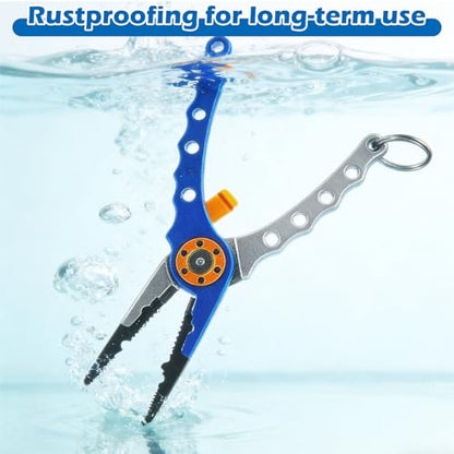 2 Pack Fishing Pliers Saltwater, Aluminum Fish Pliers with Black Sheath and Coiled Lanyard, Jaw Fishing Hook Remover, Split Ring Tool and Line Cutter for Boat, Kayak and Fly Fishing