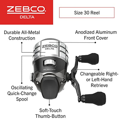 Zebco Delta Spincast Reel and Fishing Rod Combo, Instant Anti-Reverse Clutch, Changeable Right- or Left-Hand Retrieve, Pre-Spooled with Zebco Fishing Line - style: 6'2" Rod, Size 30 Reel
