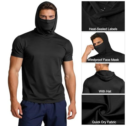 HovSiyla 5 Pack Mens Fishing Hoodie UPF Sun Protection Quick Dry Short Sleeve Shirts Hiking Casual Performance Face Mask Top - size: Medium