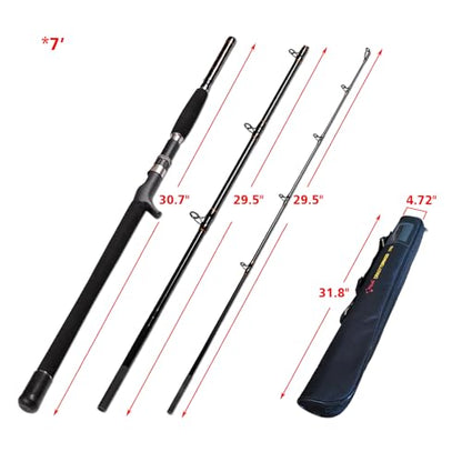 Portable Saltwater Offshore Heavy 3-Piece Travel Graphite Baitcasting Fishing Poles Casting Boat Jigging Trolling Conventional Rods with Rod Case Bag (6'/7'/8') - size: 7'