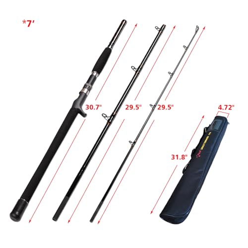 Portable Saltwater Offshore Heavy 3-Piece Travel Graphite Baitcasting Fishing Poles Casting Boat Jigging Trolling Conventional Rods with Rod Case Bag (6'/7'/8') - size: 7'