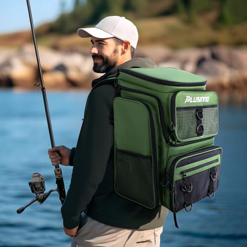 PLUSINNO Fishing Backpack with Rod Holders 4 Tackle Boxes, 42L Large Water-Resistant Fish Tackle Bag Store Fishing Gear, Camping, Hiking Gifts for Men Father, Green - color: Green
