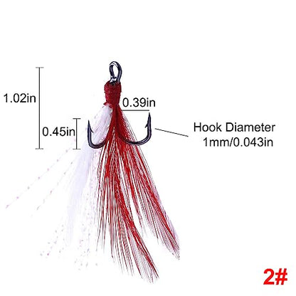 20Pcs Treble Fishing Hooks with Feather Size Stainless Steel Barbed Sharp Triple Fishhook with Box for Saltwater Freshwater - color: 20pcs-Red White Feather, size: 2#