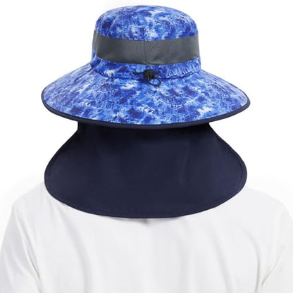 BASSDASH UPF 50+ Breathable Sun Hat with Removable Face Cover and Neck Flap Wide Brim Bucket Hat for Fishing Hiking Men Women - color: Blue Camo/Navy Blue