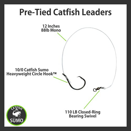 Heavyweight Catfish Hooks - Offset Octopus Circle Hooks - Pre-Tied Leaders, 5 Pack (10/0)