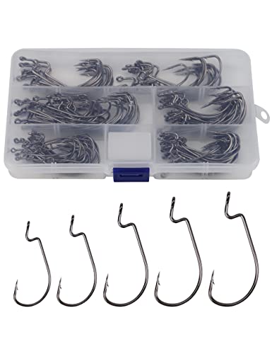 135pcs Bass Fishing Hooks Set - 110pcs High Carbon Steel Offset Worm Hooks Assortment #1, 1/0, 2/0, 3/0, 4/0 with 10pcs 8mm Red Beads and 5pcs #2 Barrel Swivels - EWG Hooks for Plastic Worms - style: Worm Hooks Set, Pack of 125