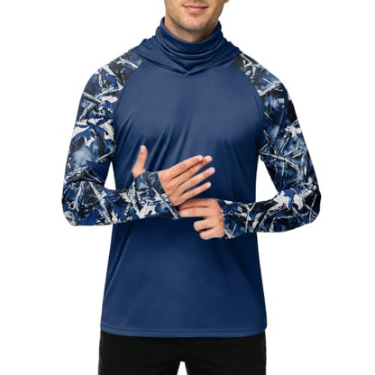 Men's UPF 50+ UV Protection Fishing Shirt with Face Mask Long Sleeve Quick Dry Breathable Sun Hoodie for Beach - color: A Dark Blue, size: Small