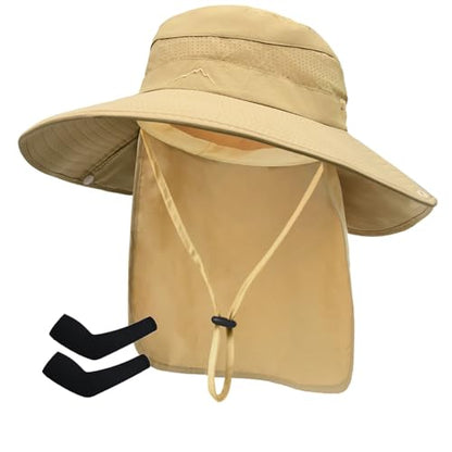 Sun Hats for Men Women, UPF50+ Protection Safari Hat,Wide Brim Fishing Hat with Neck Flap,Bucket Hats for Beach Hiking - color: Khakisleeves