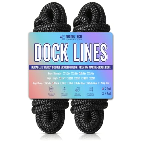 2 Pack 5/8" x 15' Boat Dock Lines, Improved Double Braided Nylon Boat Ropes for Docking with 15" Loop, Hurricane-Resistant Grade Marine Rope for Sailboats,Pontoons,Fishing Boats, Black - size: 5/8" x 15' (Pack of 2)