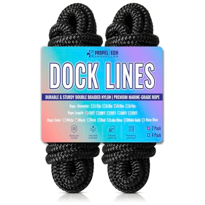 2 Pack 5/8" x 15' Boat Dock Lines, Improved Double Braided Nylon Boat Ropes for Docking with 15" Loop, Hurricane-Resistant Grade Marine Rope for Sailboats,Pontoons,Fishing Boats, Black - size: 5/8" x 15' (Pack of 2)