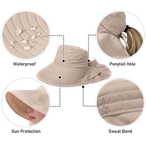 Womens Sun Hat UPF 50+ Wide Brim and Ponytail Hole, Hiking Safari Hat with Neck Flap… - color: Beige