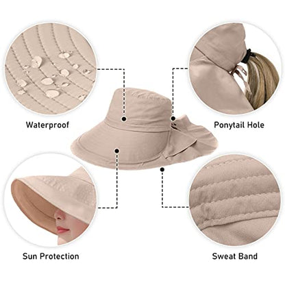 Womens Sun Hat UPF 50+ Wide Brim and Ponytail Hole, Hiking Safari Hat with Neck Flap… - color: Beige