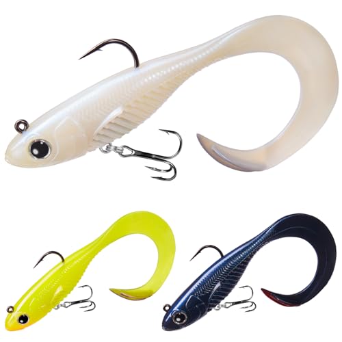 TRUSCEND Duramax Easy Catch Soft Fishing Lures with BKK Hook, Trembly Sinking & Vibrating Swim for More Bites, Pre-Rigged Curly & T-Tail Swimbait for Bass, Trout, Crappie, Freshwater Saltwater Fishing - color: A4-6'',1-3/4oz