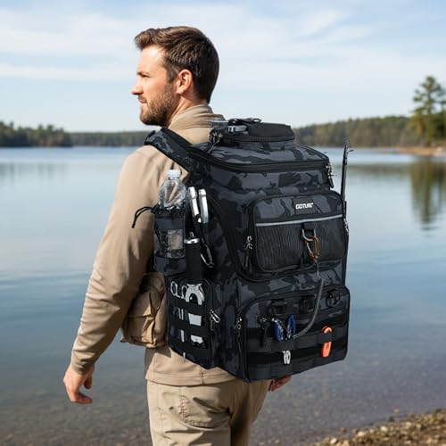 Goture Fishing Backpack with 4 Tackle Boxes, 900D Water-Resistant Tackle Backpack with Rod Holders,Insulated Cooler Compartment, 55L Large Capacity Fishing Gear Storage Bag for Saltwater & Freshwater - color: A3:camo(4 Tackle Boxes Included)