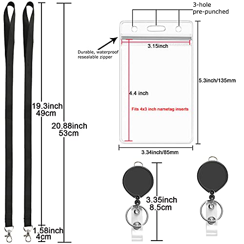 2Pcs Black Lanyards with Vertical ID Badges Holder 4x3 and Retractable Reel | Flat,with Metal Hook,for office - color: Black Lanyard With Badge Holder 4x3 Vertical