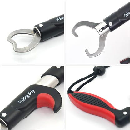 Pistol Grip Stainless Steel Fish Lip Gripper, Portable Handheld Fish Lip Clip with Lanyard, Freshwater Saltwater Fishing Fish Holder for Anglers (Red)