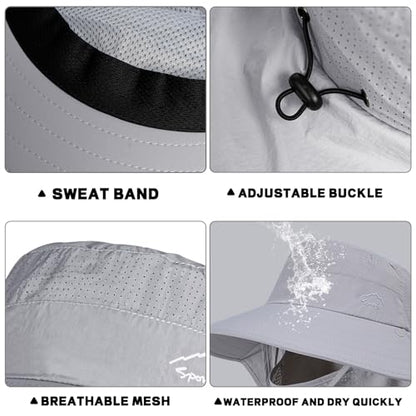 Rosoz Sun Hat for Men Women with Neck Flap,Wide Brim UPF50+ Fishing Hat with Detachable Face Cover Outdoor Sun Protection Hat - color: 1pack-light Grey