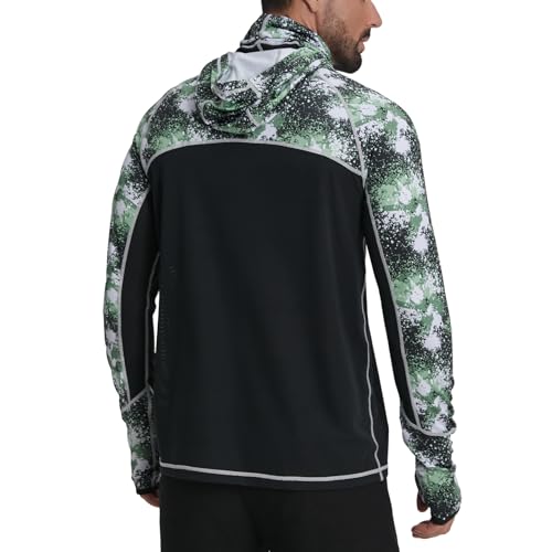 Men's Performance Fishing Shirts,Sun Protection Hoodie Long Sleeve UPF 50+ Hiking Shirt with Mask Cap - color: Dark Green, size: XX-Large