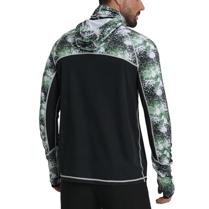 Men's Performance Fishing Shirts,Sun Protection Hoodie Long Sleeve UPF 50+ Hiking Shirt with Mask Cap - color: Dark Green, size: Large