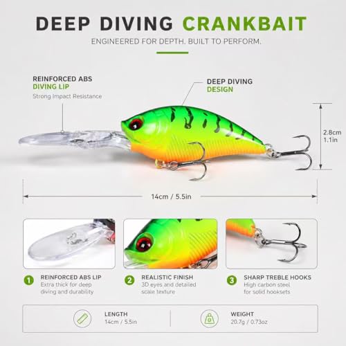 Deep Diving Crankbait Fishing Lure | 12-15ft Bottom Bumping | 0.72oz 4.9in Hard Bait for Bass & Walleye - color: color3