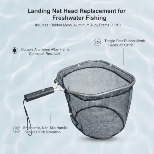 Rubber Mesh Landing Net Head Replacement, Aluminum Alloy Frame for Freshwater Fishing, Smooth Hook Release - size: 11.81 x 14.17 x 10.24"
