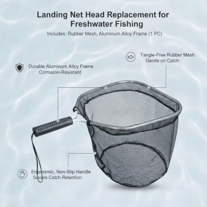 Rubber Mesh Landing Net Head Replacement, Aluminum Alloy Frame for Freshwater Fishing, Smooth Hook Release - size: 11.81 x 14.17 x 10.24"