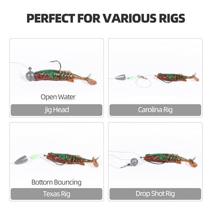 30pcs Soft Plastic Swimbaits with Paddle Tail, T-Tail Fishing Lures for Vertical Jigging and Casting, Freshwater Swimbaits for Bass, Trout, Walleye & Crappie - color: Multi-Jointed Flex, 2.5''