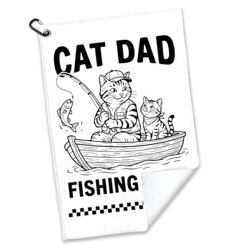Cat Dad Fishing Club Polyester Printed Towel with Clip, Funny Cats Fish Gifts & Accessories for Men Fishmen Dad Cat Lover Grandpa, Fishing Lover Retirement Father's Day Birthday Gifts - color: White & Black