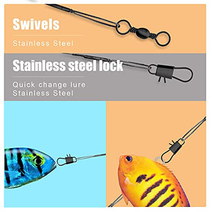 30pcs Fishing Tackle Leaders, Fishing Leaders Line for Saltwater and Freshwater Stainless Steel Wire with Swivel Snaps (Black)
