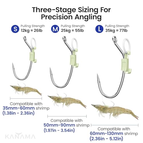 KANAMA Luminous Live Shrimp Hooks - High Carbon Steel Fishing Hooks Saltwater Corrosion Resistant Barbed Strong Hooks Freshwater Shrimp Walker, Ideal for Bass, Groupers, Pike, Catfish & More - size: (S+M+L) ×1
