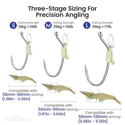 KANAMA Luminous Live Shrimp Hooks - High Carbon Steel Fishing Hooks Saltwater Corrosion Resistant Barbed Strong Hooks Freshwater Shrimp Walker, Ideal for Bass, Groupers, Pike, Catfish & More - size: (S+M+L) ×1