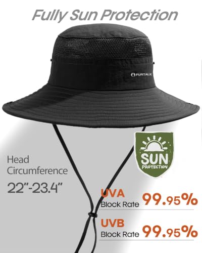 FURTALK Sun Hats for Men Women UPF Sun Protection Breathable Wide Brim | Nylon UV Protection, Breathable Adjustable, 2-in-1 Wide Brim, Packable Water-Resistant, Fishing Hiking Summer - color: Black