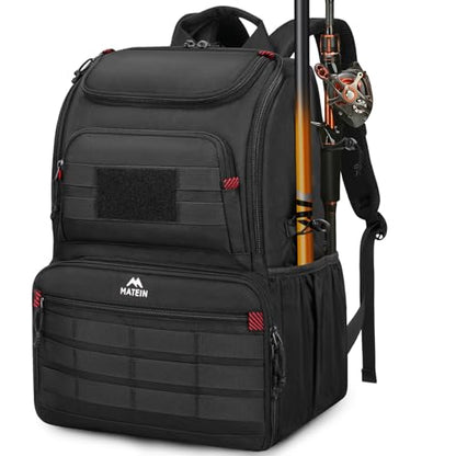 MATEIN Fishing Backpack Tackle Box, Tackle Backpack with Cooler for Men | Tackle Box Backpack, Fishing Bag with Rod Holders, Hold 4 3600 Tackle Boxes, Water Resistant, Gear Accessories, Fishing Gifts - color: Black