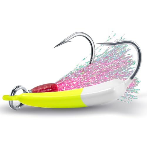 Dr.Fish 5 Pack Pompano Jigs with Teaser Hooks, Surf Fishing Jig Heads Saltwater Lure Banana Shape Stand Up O'Shaughnessy Beach Casting Halibut Striper Redfish Flounder - color: Chartreuse/White, size: 3/8oz-Hook 3/0