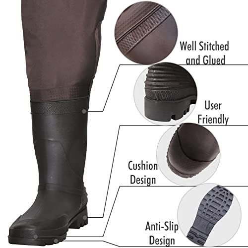 Chest Waders with Boots for Men & Women, Nylon/PVC Lightweight Fishing Wader with Boots Hanger - color: Brown, size: M13/W15